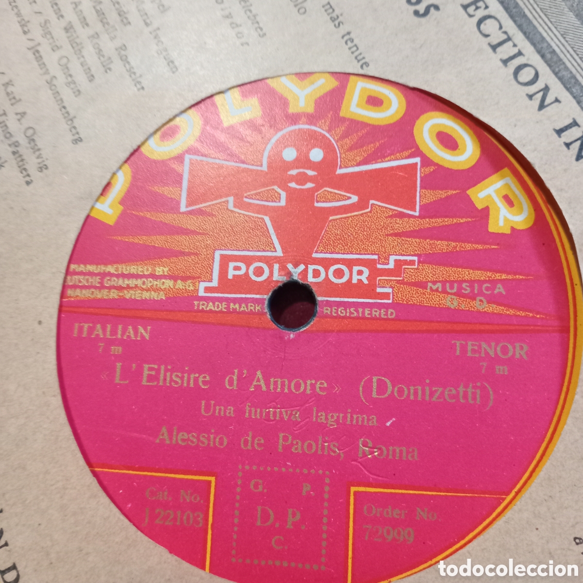 Discos de pizarra: Disco de gram&oacute;fono antiguo en formato de 78 RPM editado por el sello discogr&aacute;fico Polydor (Deutsche