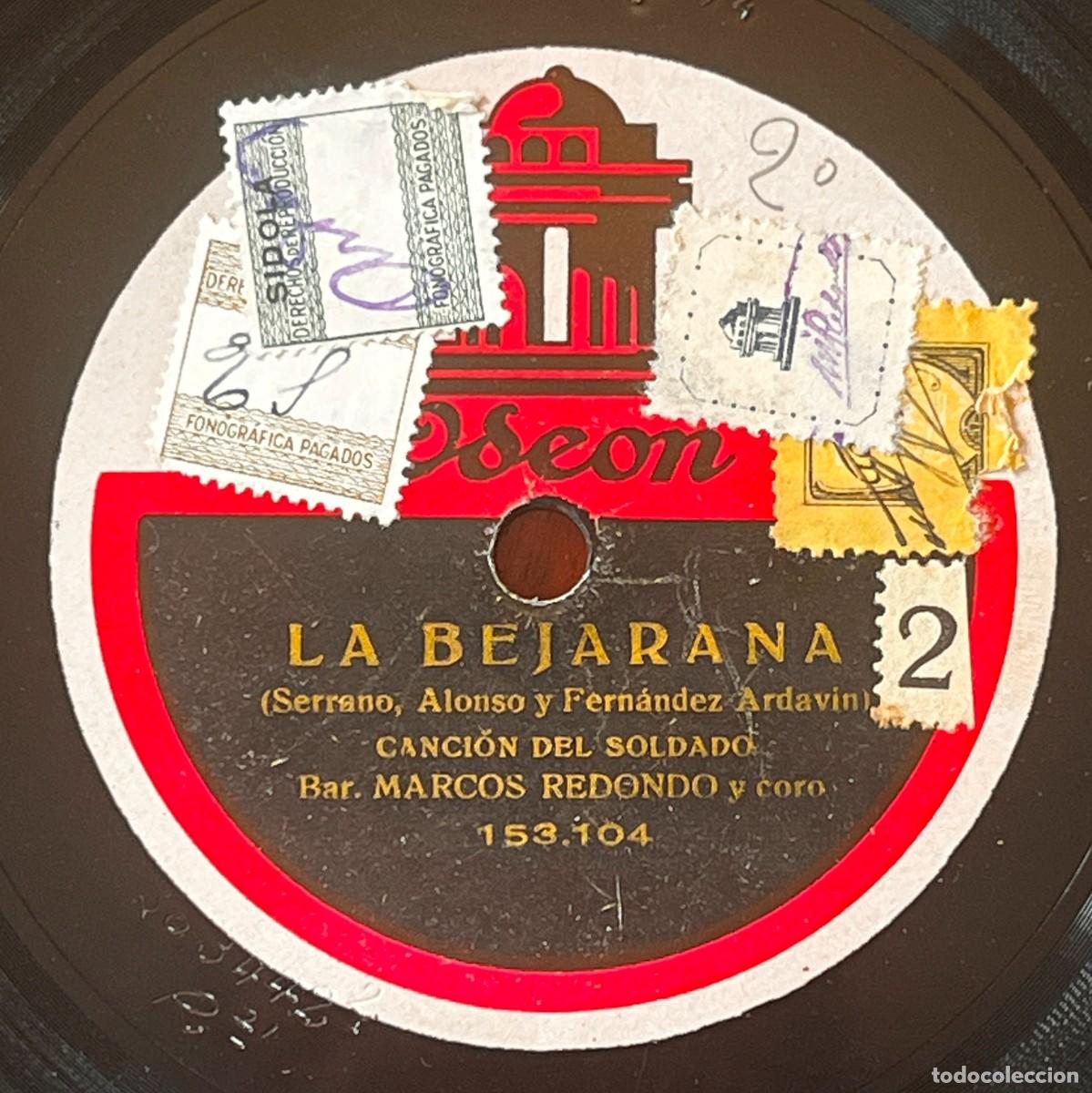 Discos de pizarra: MARCOS REDONDO, LA BEJARANA, ZARZUELA, ANTIGUO DISCO DE PIZARRA ODEON, 78 RPM, SELLOS FONOGR&Aacute;FICOS