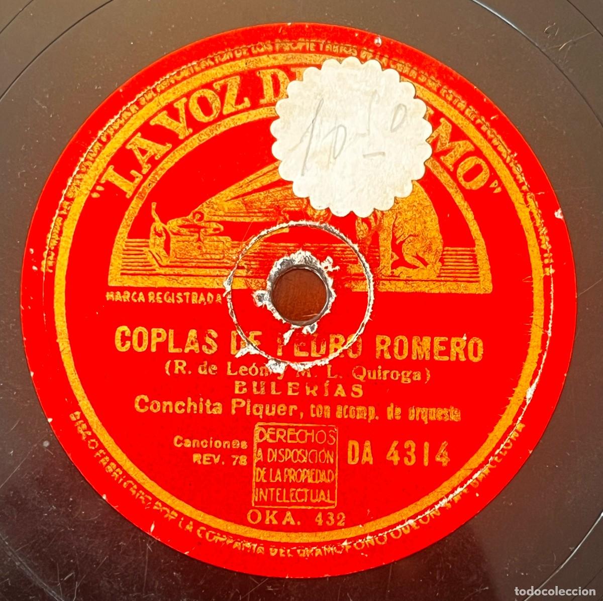 Discos de pizarra: CONCHITA PIQUER, COPLAS DE PEDRO ROMERO, JUDAS, DISCO PIZARRA LA VOZ DE SU AMO, 1936, DA 4314