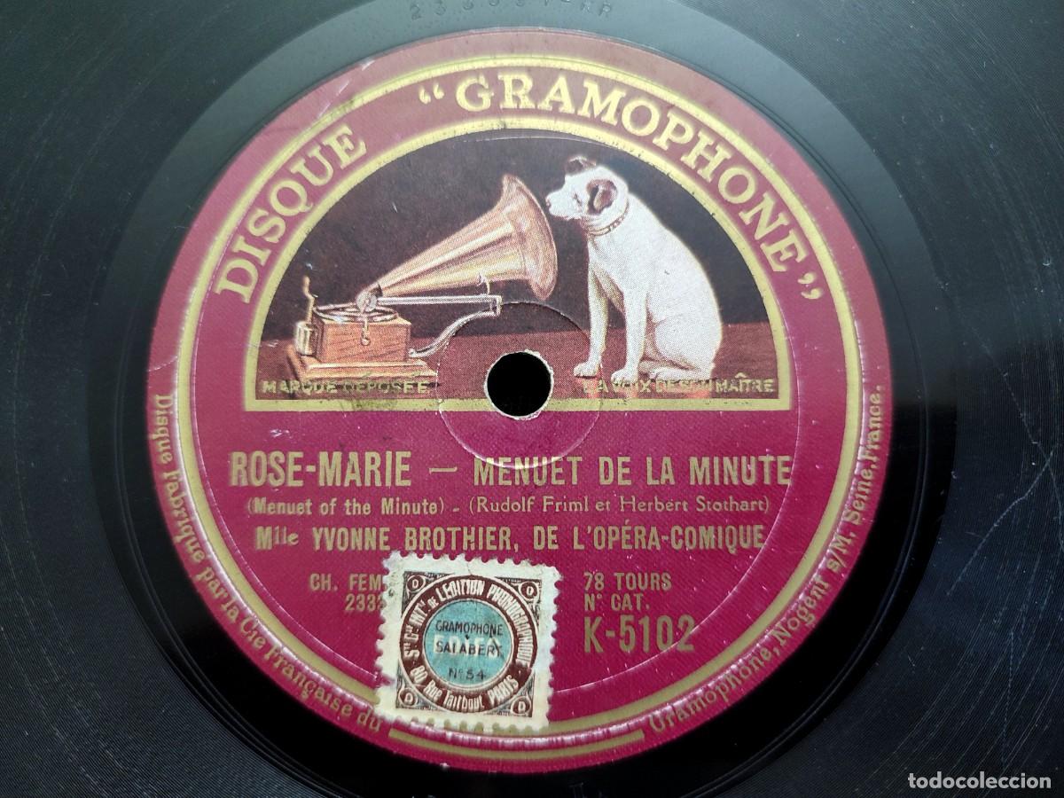 Discos de pizarra: ROSE-MARIE. CHANT D&rsquo;AMOUR INDIEN &ndash; MENUET DE LA MINUTE. YVONNE BROTHIER. DISQUE GRAMOPHONE K-5102