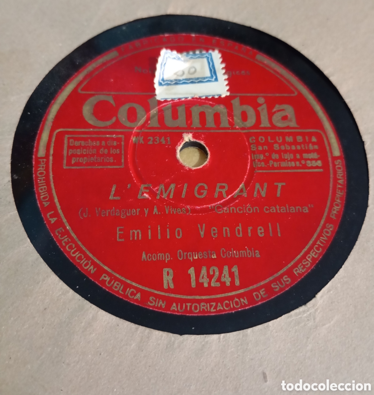 Discos de pizarra: L'Emigrant Emilio Vendrell Orquesta Columbia Disco Pizarra 25cm # El Emigrante