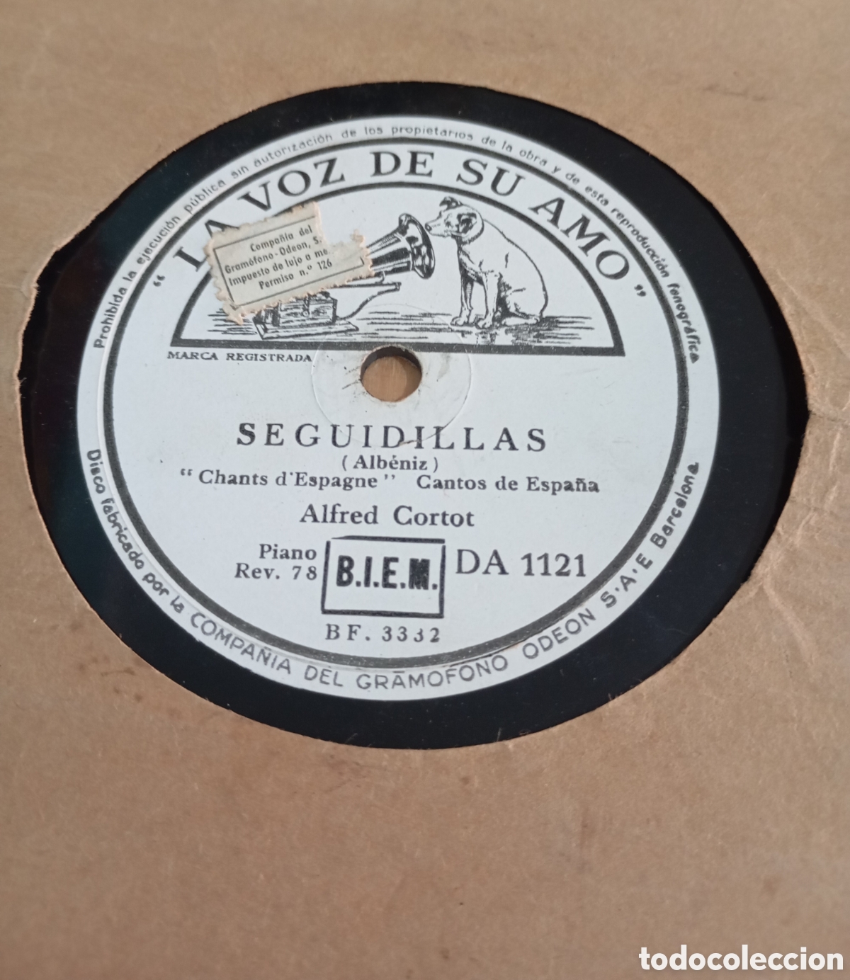 Discos de pizarra: Alfred Cortot Alb&eacute;niz Seguidillas Cantos de Espa&ntilde;a Malague&ntilde;a Rumores Caleta La Voz de su Amo 25cm
