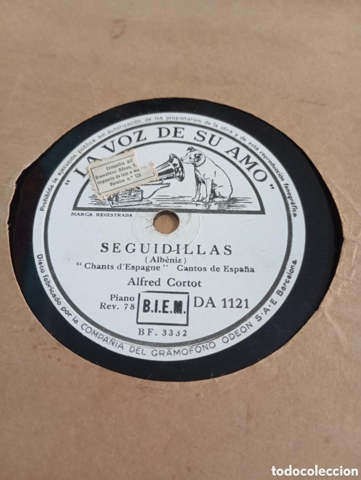 Discos de pizarra: Alfred Cortot Alb&eacute;niz Seguidillas Cantos de Espa&ntilde;a Malague&ntilde;a Rumores Caleta La Voz de su Amo 25cm