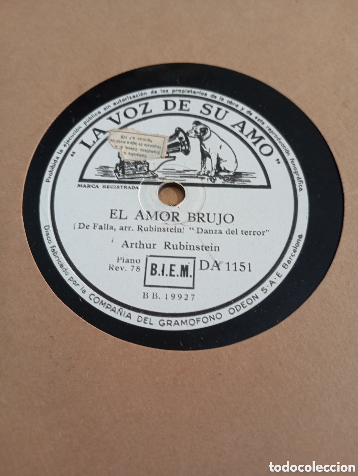Discos de pizarra: El Amor Brujo Manuel de Falla Arthur Rubinstein Danza del terror fuego La voz de su amo 25cm
