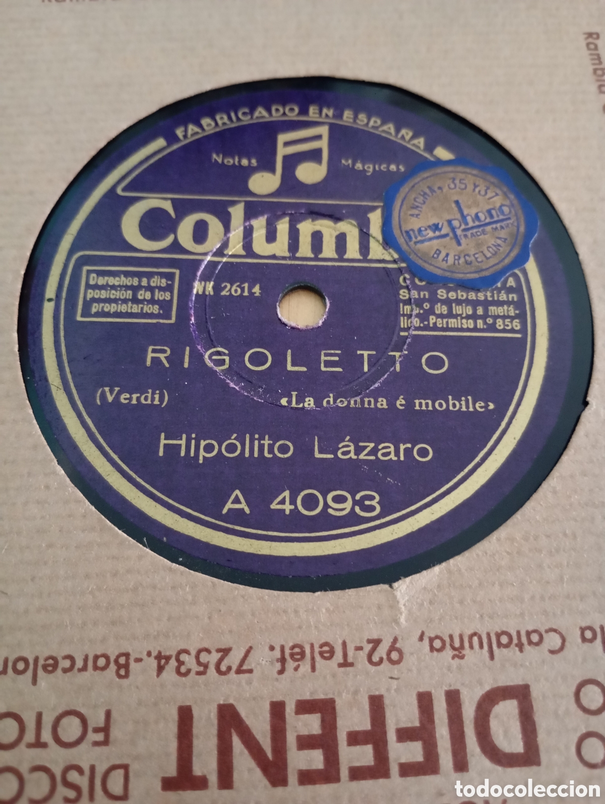 Discos de pizarra: Rigoletto Hip&oacute;lito Lazaro Verdi Donna e mobile Ella mi fu rapita Columbia Pizarra 25cm