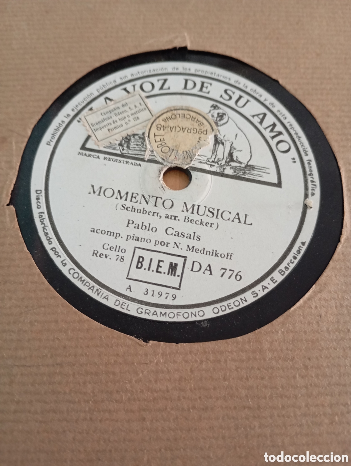 Discos de pizarra: Pau Casals Le Cygne Momento Musical La Voz de su Amo Pizarra 25cm
