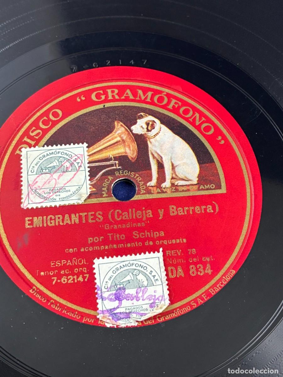 Discos de pizarra: Disco Pizarra 78 RPM Tito Schipa Emigrantes Princesita 1926 Gram&oacute;fono DA 834 La Voz de su Amo