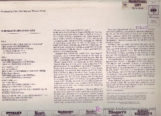 Discos de vinilo: SCHUBERT GREATEST HITS-LEONARD BERNSTEIN-EUGENE ORMANDY-RUDOLF SERKIN - Foto 2