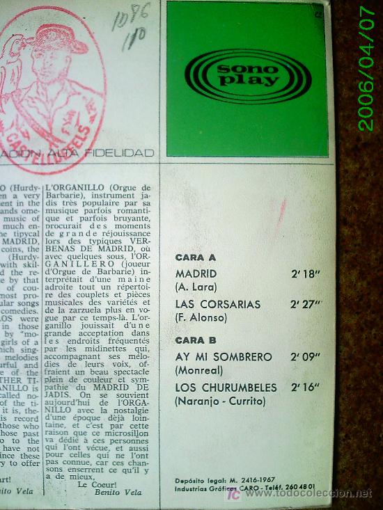 Discos de vinilo: BENITO VELA Y SU ORGANILLO - Foto 3