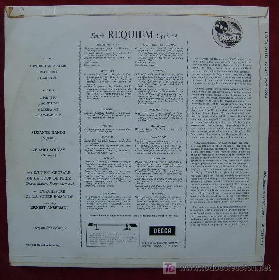 Discos de vinilo: DECCA LXT 5158 - FAURE - REQUIEM - SUISSSE ROMANDE - ANSERMET - 1&deg; INGLES - Foto 2