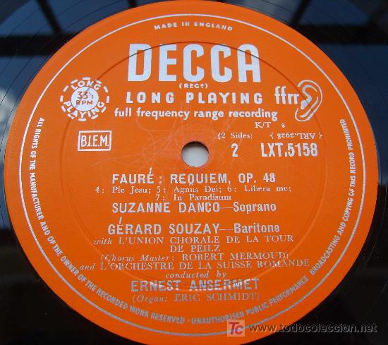 Discos de vinilo: DECCA LXT 5158 - FAURE - REQUIEM - SUISSSE ROMANDE - ANSERMET - 1&deg; INGLES - Foto 3