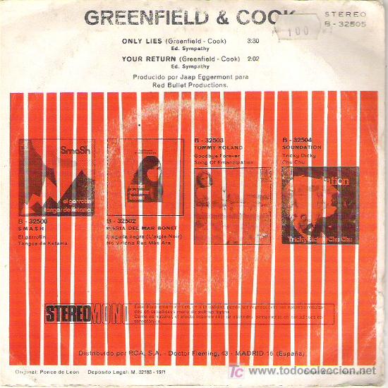 Discos de vinilo: GREENFIELD & COOK - ONLY LINES / YOUR RETURN ***BOCCACIO RECORDS 1971 - Foto 2