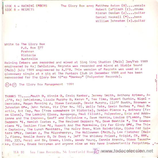 Discos de vinilo: THE GLORY BOx - RAINING EMBERS / REGRETS ****TEA RECORDS - Foto 2