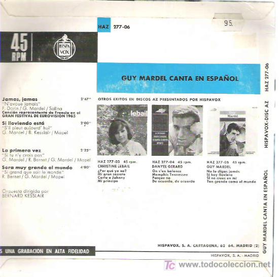 Discos de vinilo: GUY MARCEL - CANTA EN ESPA&Ntilde;OL - JAMAS JAMAS + 3 EP ** HISPAVOX 1965 - Foto 2