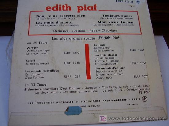 Discos de vinilo: Disco Edith Piaf Non Je Ne Regrette Rien - Foto 2