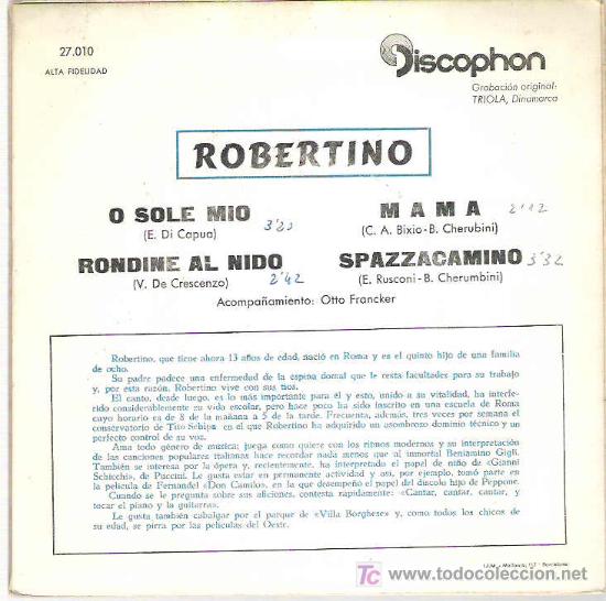 Discos de vinilo: ROBERTINO - O SOLE MIO **** DICOPHON **** EP 1960 - Foto 2