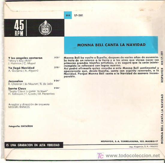 Discos de vinilo: MONA BELL - CANTA LA NAVIDAD *** EP 1966 HISPAVOX - Foto 2
