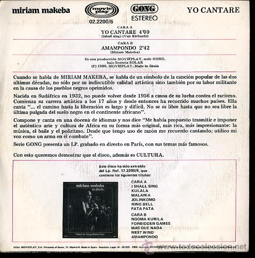 Discos de vinilo: MIRIAM MAKEBA. YO CANTAR&Eacute; - Foto 2
