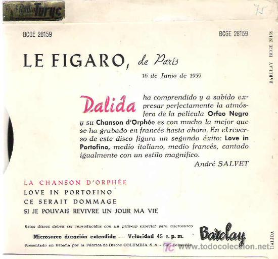 Discos de vinilo: dalida - La chanson d&rsquo;Orph&eacute;e ** ep barclay 1959 dificil - Foto 2