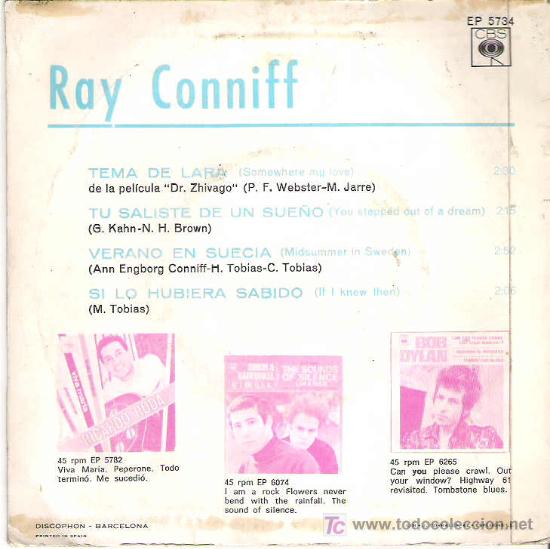 Discos de vinilo: ray CONNIFF - SOMEWHERE MY LOVE *** EP CBS 1966 - Foto 2