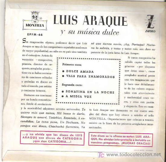 Discos de vinilo: LUIS ARAQUE -DULCE AMADA **** MONTILLA EP 1960 - Foto 2