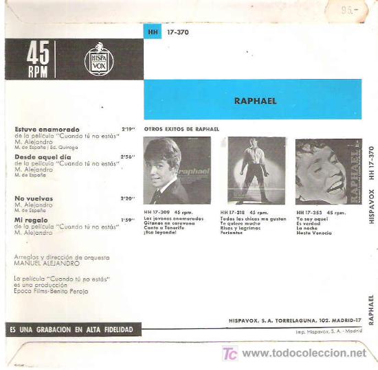 Discos de vinilo: RAPHAEL - ESTUVE ENAMORADO ** EP HISPAVOX 1964 - Foto 2