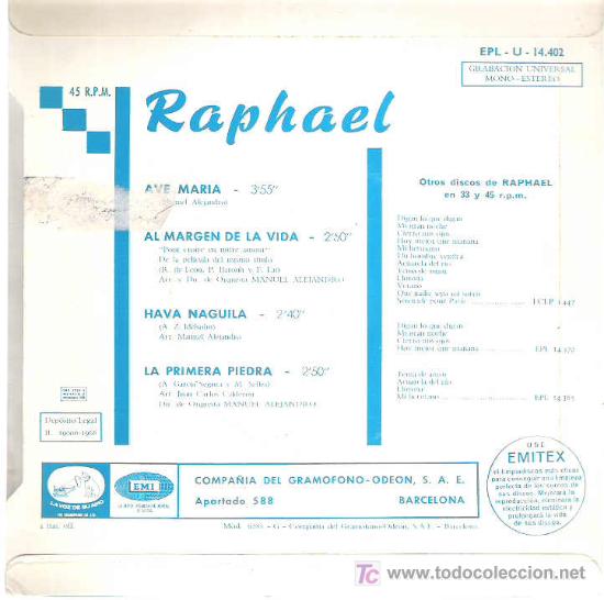 Discos de vinilo: raphael - AVE MARIA ** EP 1968 HISPAVOX - Foto 2