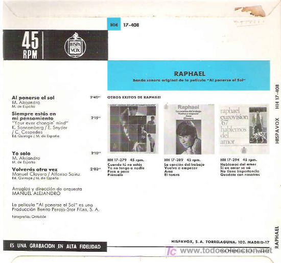 Discos de vinilo: RAPHAEL - AL PONERSE EL SOL ** EP HISPAVOX 1967 - Foto 2