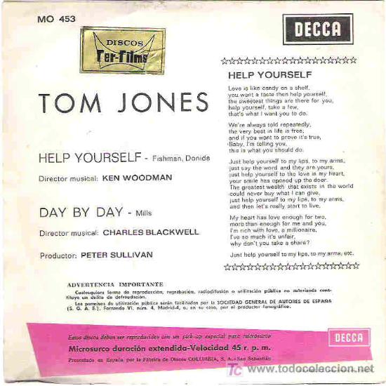 Discos de vinilo: tom jones - help your self / day a day *** decca 1968 - Foto 2