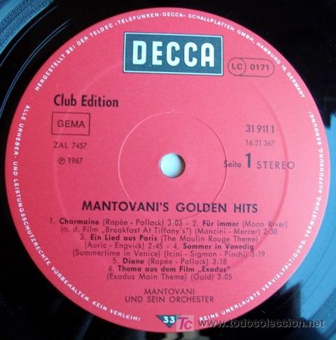 Discos de vinilo: DECCA - MANTOVANI - GOLDEN HITS - Foto 3