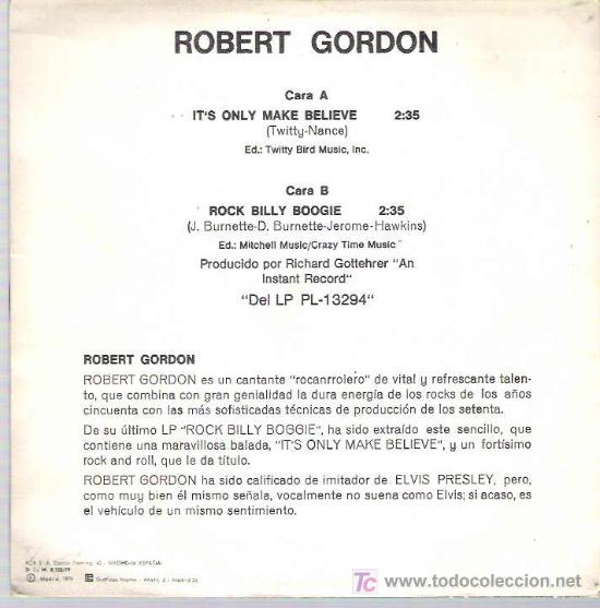 Discos de vinilo: robert gordon - it`s only make belive *** rca espa&ntilde;a 1979*** - Foto 2
