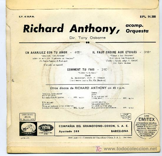 Discos de vinilo: RICHARD ANTHONY - EN ARANJUEZ CON TU AMOR - Foto 2