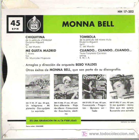 Discos de vinilo: monna bell - chiquitina ** ep hispavox 1962 - Foto 2