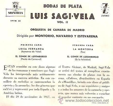 Discos de vinilo: LUIS SAGI - VELA - BODAS DE PLATA - 1958 - Foto 2