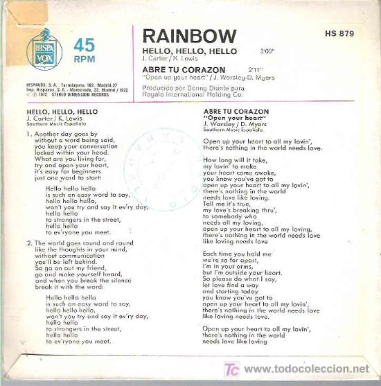 Discos de vinilo: rainbow - hello , hello , hello ** hispavox 1972 bueno - Foto 2