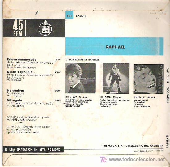 Discos de vinilo: raphael - estuve enamorado ** ep hispavox 1965 - Foto 2