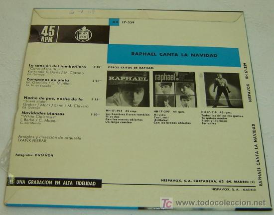 Discos de vinilo: DISCO SINGLE VINILO RAPHAEL CANTA LA NAVIDAD-HISPAVOX 1965 - Foto 2