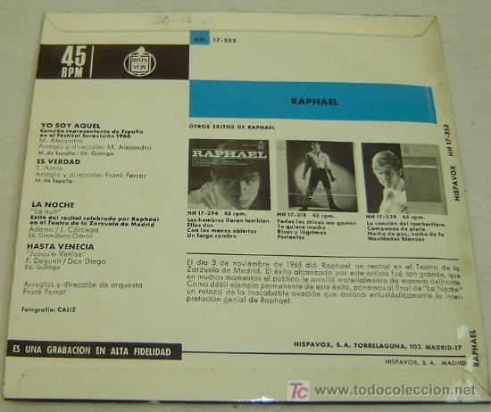 Discos de vinilo: DISCO SINGLE VINILO RAPHAEL-YO SOY AQUEL-HISPAVOX 1966 - Foto 2