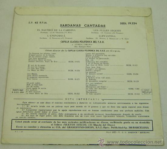Discos de vinilo: DISCO SINGLE VINILO SARDANAS CANTADAS-CAPILLA CLASSICA POLIFONICA DEL FAD- REGAL 1959 - Foto 2 - 26835202