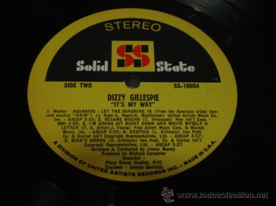 Discos de vinilo: Dizzy Gillespie &ndash; Its My Way, 1&ordf; Ed. US 1969 Solid State Records - Foto 5