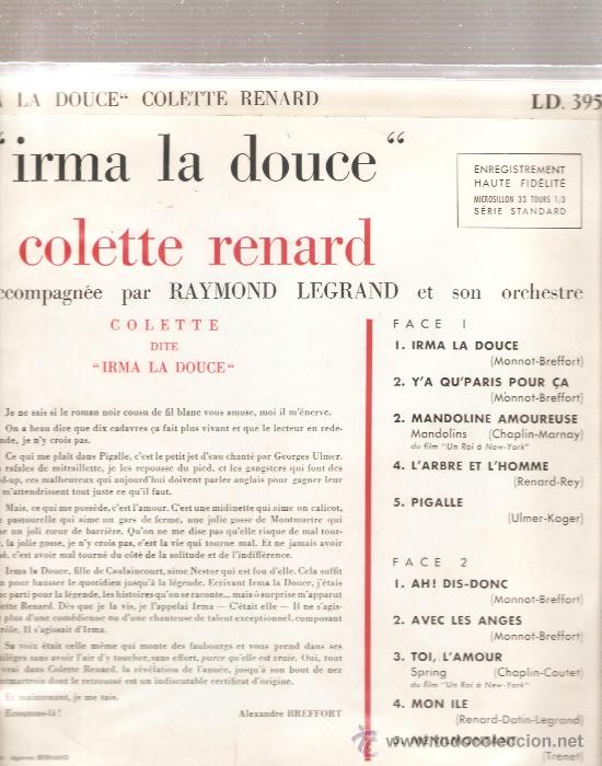 Discos de vinilo: LP COLETTE RENARD - IRMA LA DOUCE - Foto 2