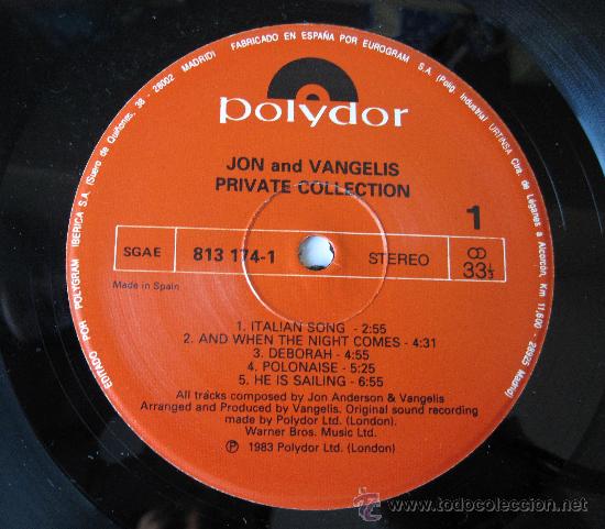 Discos de vinilo: JON AND VANGELIS - PRIVATE COLLECTION - POLYDOR 1983 - Foto 3