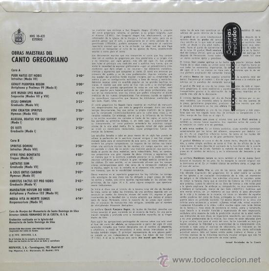 Discos de vinilo: Obras maestras del gregoriano	Monjes de Silos.	Gregoriano	Hispavox		1973 - Foto 2