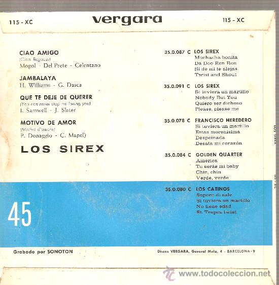 Discos de vinilo: EP LOS SIREX : CIAO AMIGO - Foto 2