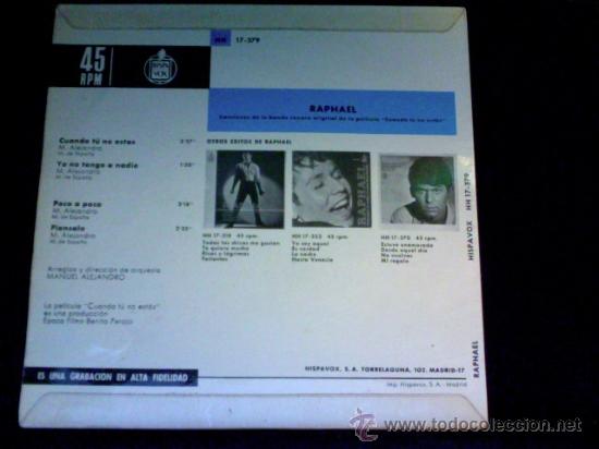 Discos de vinilo: RAPHAEL - CANCIONES DE LA PELICULA CUANDO TU NO ESTAS - SINGLE 1966 - Foto 2