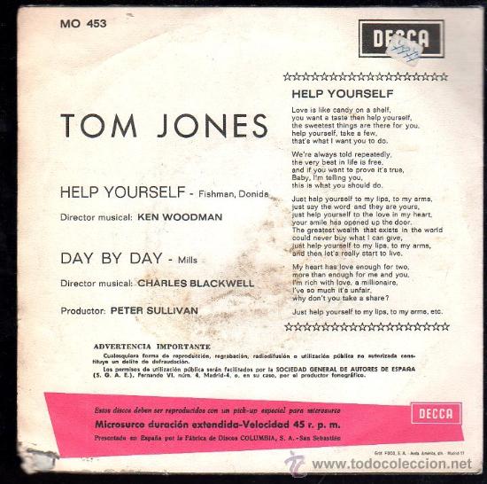 Discos de vinilo: SINGLE DE TOM JONES. HELP YOURSELF DAY BY DAY - Foto 2