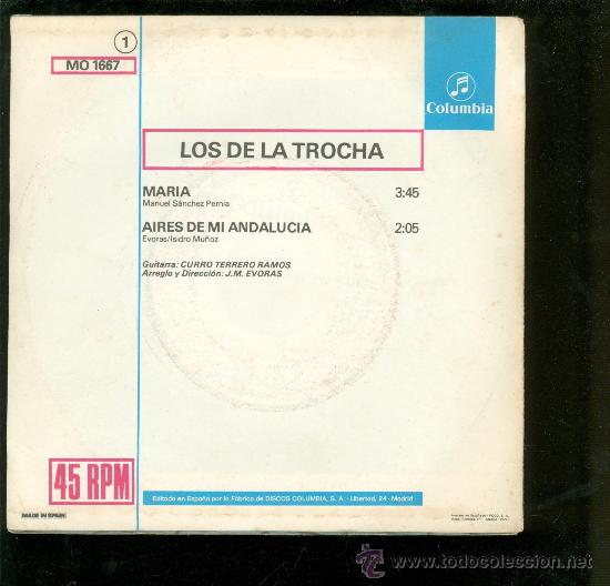 Discos de vinilo: SINGLE DE LOS DE LA TROCHA. MARIA. AIRES DE MI ANDALUCIA. - Foto 2