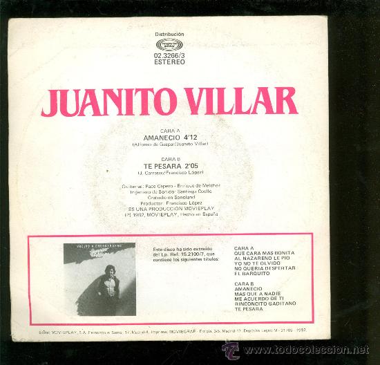 Discos de vinilo: SINGLE DE JUANITO VILLAR. AMANECIO. - Foto 2
