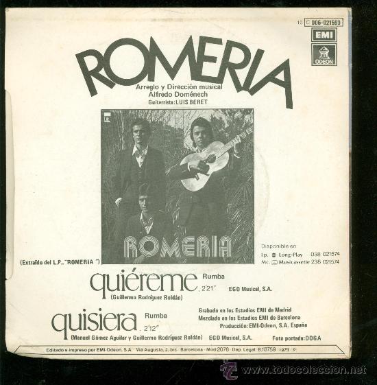 Discos de vinilo: SINGLE DE ROMERIA.QUIEREME. - Foto 2