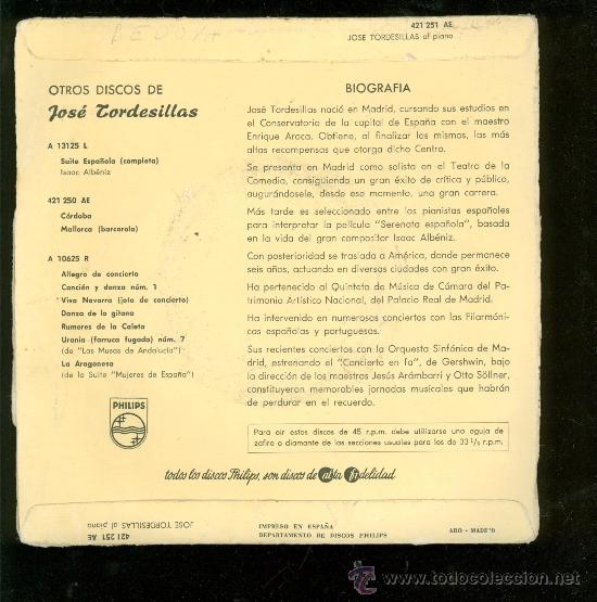Discos de vinilo: SINGLE DE JOSE TORDESILLAS. AL PIANO. DANZAS. MANUEL DE FALLA. - Foto 2